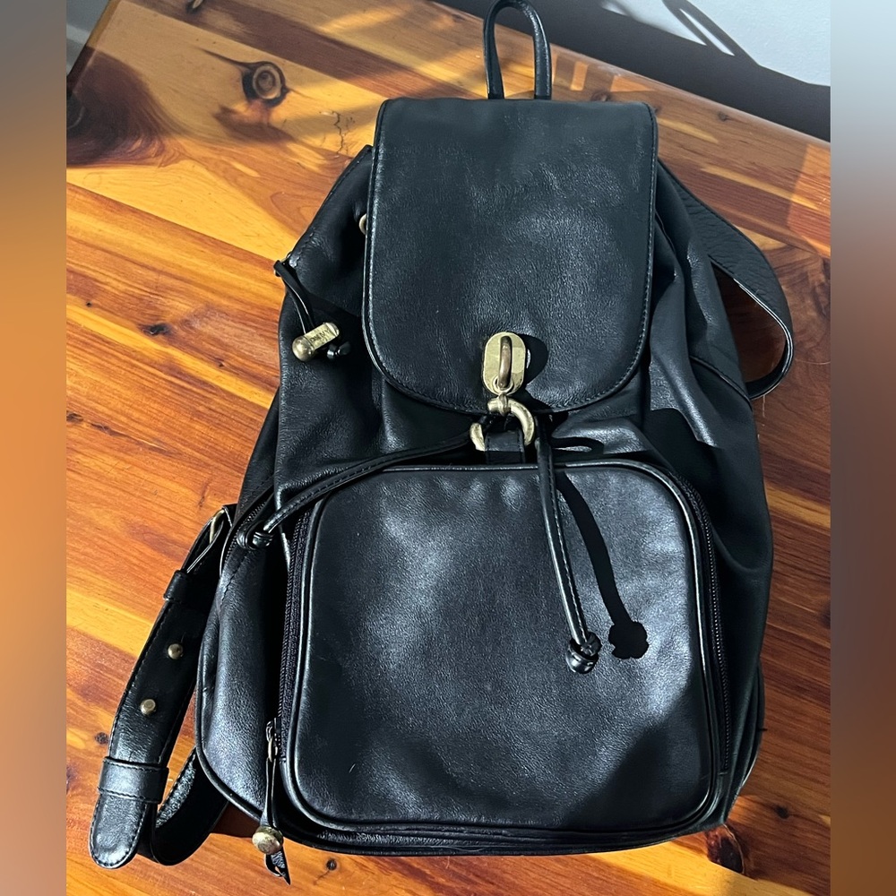 Vintage 90’s Donna Karan Black Leather Backpack with Gold Hardware